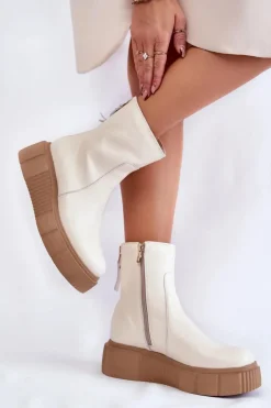 Zazoo Botki Na Koturnie|Botki Zimowe Damskie*Damskie Skórzane Botki Na Platformie Jasnobeżowe Jenefer