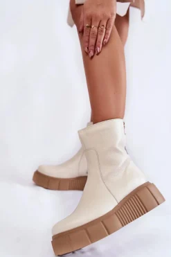 Zazoo Botki Na Koturnie|Botki Zimowe Damskie*Damskie Skórzane Botki Na Platformie Jasnobeżowe Jenefer