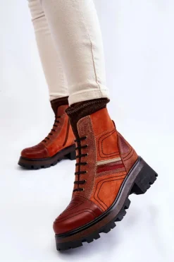 Maciejka Damskie Skórzane Botki Na Płaskim Obcasie 05624-08 Pomarańczowo-Brązowe