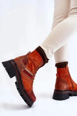 Maciejka Damskie Skórzane Botki Na Płaskim Obcasie 05624-08 Pomarańczowo-Brązowe