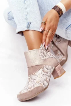 Maciejka Botki Wiosenne|Botki Maciejka*Damskie Skórzane Botki Na Słupku Złoto Beżowe 03963-20