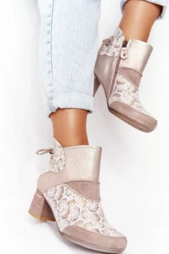 Maciejka Botki Wiosenne|Botki Maciejka*Damskie Skórzane Botki Na Słupku Złoto Beżowe 03963-20