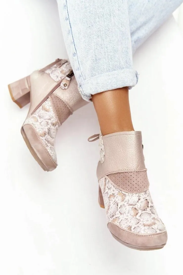 Maciejka Botki Wiosenne|Botki Maciejka*Damskie Skórzane Botki Na Słupku Złoto Beżowe 03963-20