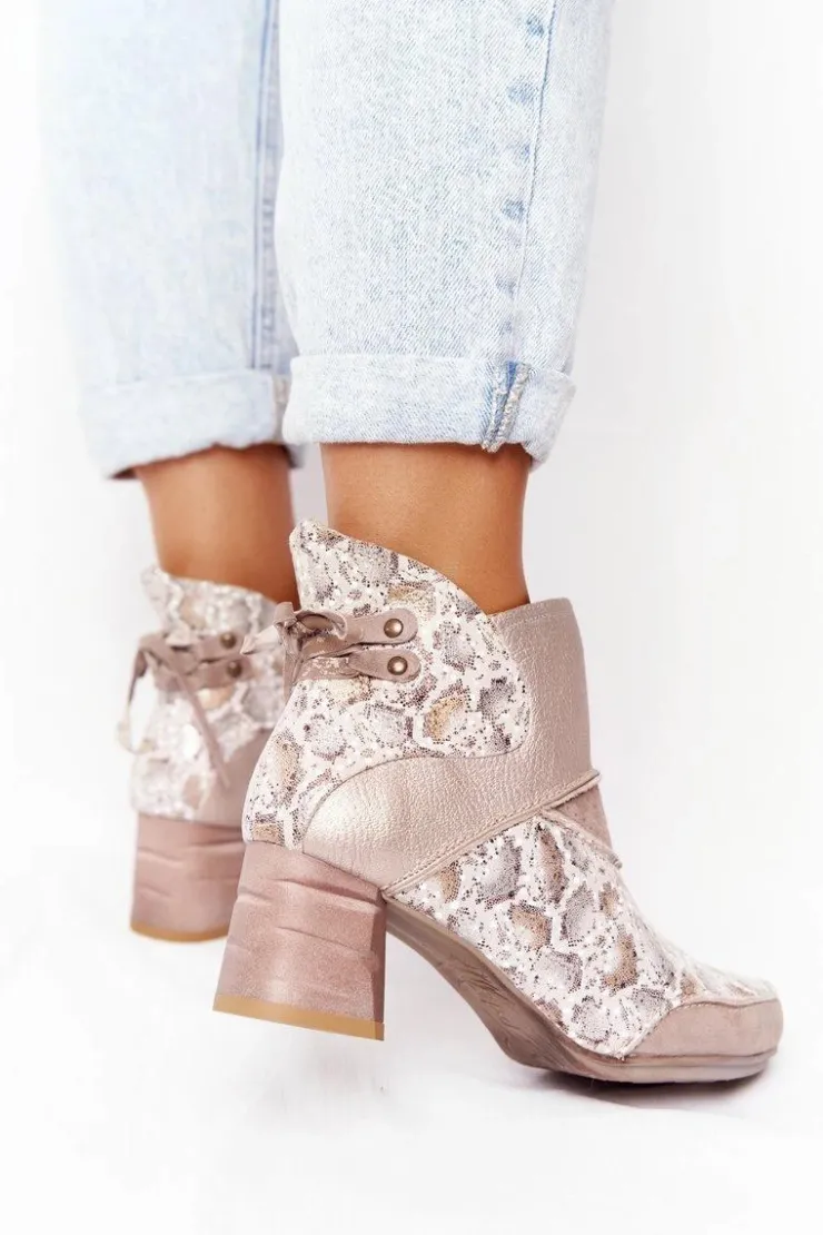 Maciejka Botki Wiosenne|Botki Maciejka*Damskie Skórzane Botki Na Słupku Złoto Beżowe 03963-20