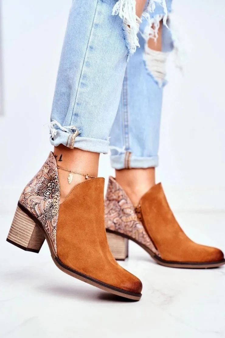 Damskie Maciejka Damskie Skórzane Botki Na Słupku Rude 04492-29