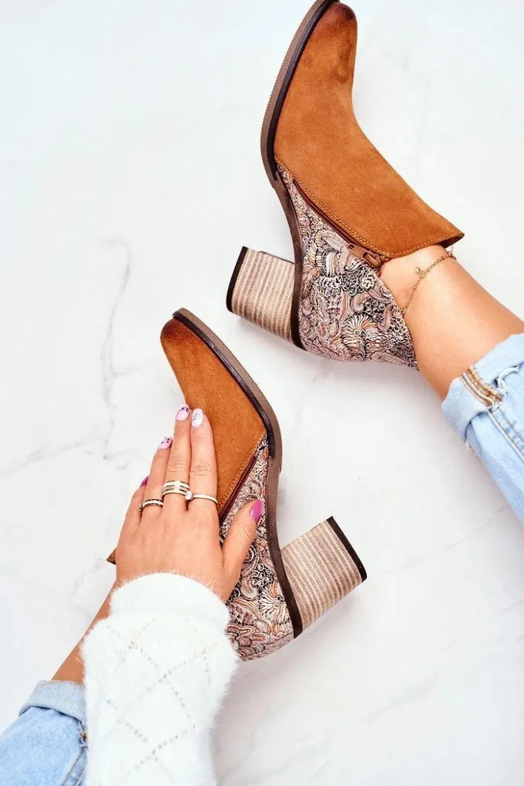 Damskie Maciejka Damskie Skórzane Botki Na Słupku Rude 04492-29