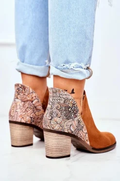 Damskie Maciejka Damskie Skórzane Botki Na Słupku Rude 04492-29