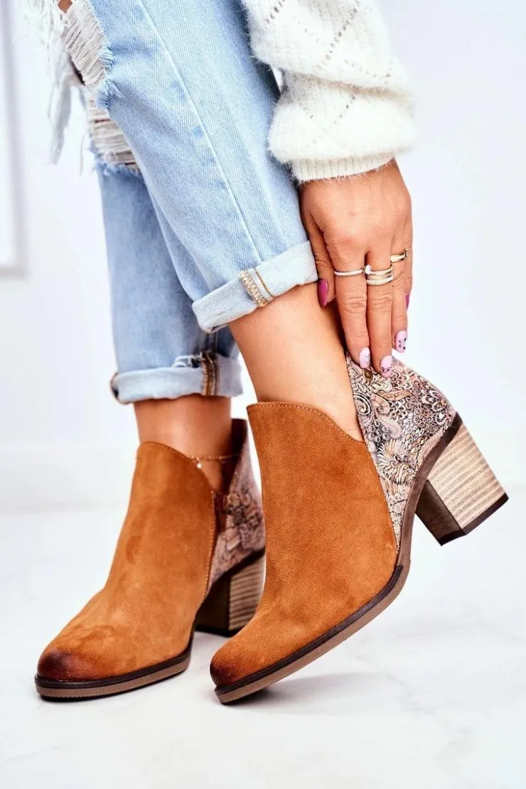 Damskie Maciejka Damskie Skórzane Botki Na Słupku Rude 04492-29