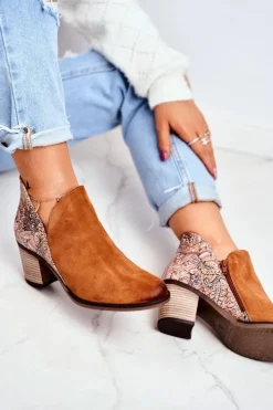 Damskie Maciejka Damskie Skórzane Botki Na Słupku Rude 04492-29