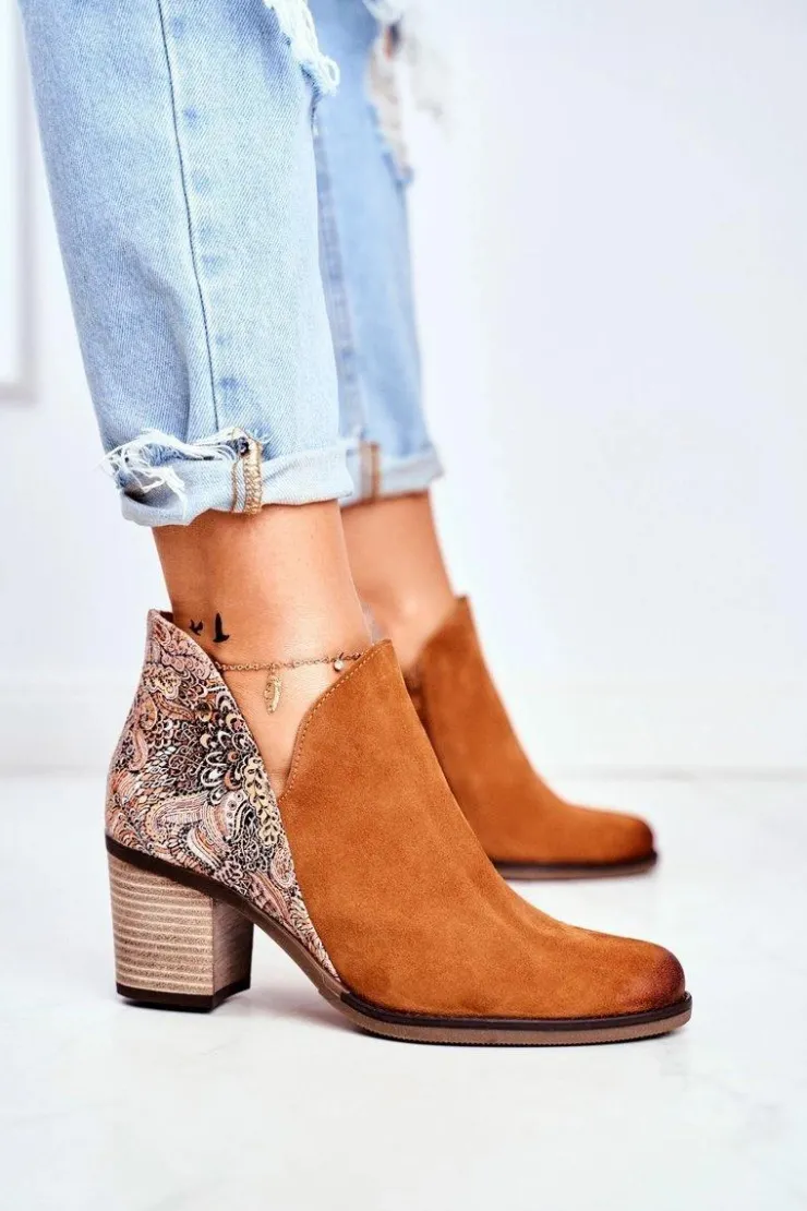 Damskie Maciejka Damskie Skórzane Botki Na Słupku Rude 04492-29