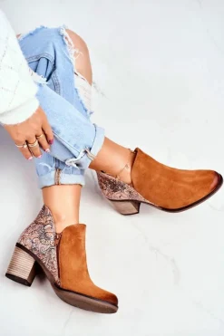 Damskie Maciejka Damskie Skórzane Botki Na Słupku Rude 04492-29