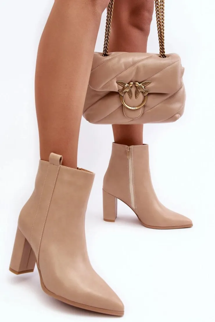 Sale Boto Damskie Skórzane Botki Na Słupku Beżowe Vevine