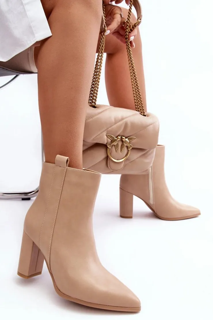 Sale Boto Damskie Skórzane Botki Na Słupku Beżowe Vevine