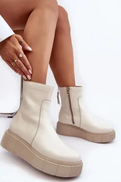 Sale Zazoo Damskie Skórzane Botki Na Platformie Jasnobeżowe Lemar Jenefer