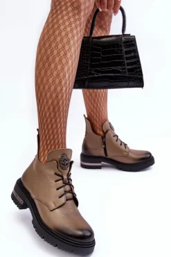 Damskie Boto Damskie Skórzane Botki Na Płaskim Obcasie Beżowe Lemar Charline