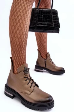 Damskie Boto Damskie Skórzane Botki Na Płaskim Obcasie Beżowe Lemar Charline