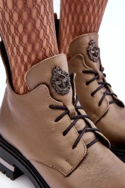 Damskie Boto Damskie Skórzane Botki Na Płaskim Obcasie Beżowe Lemar Charline