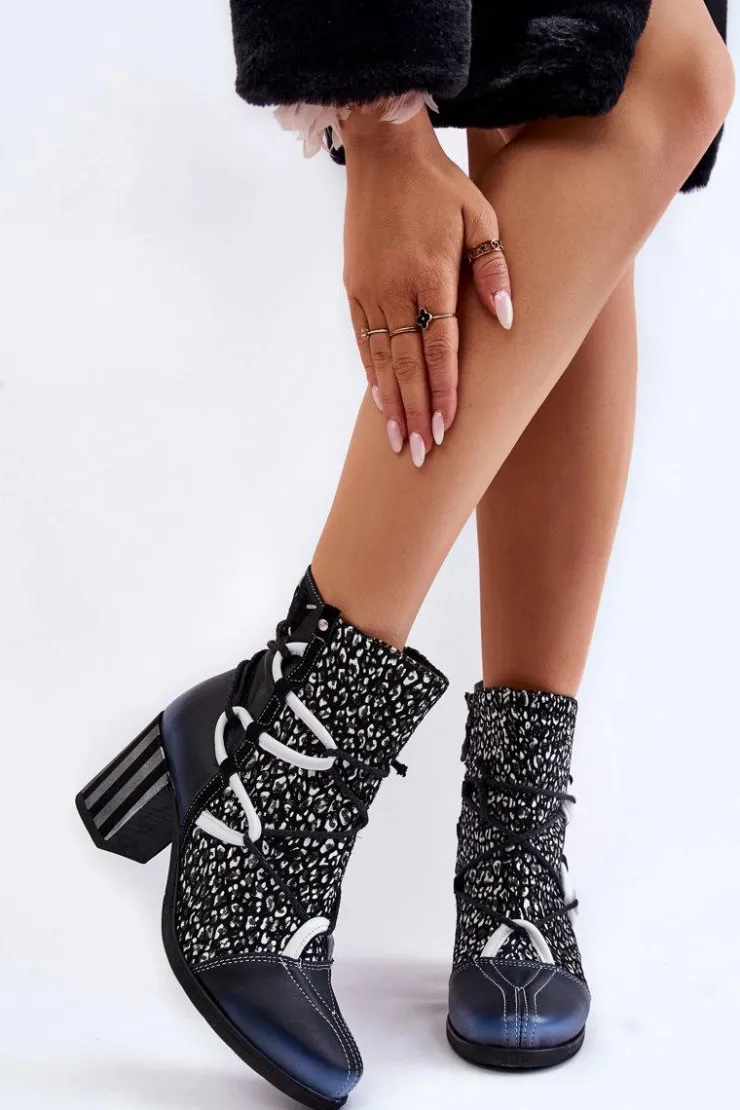 Maciejka Botki Wiosenne|Botki Na Słupku*Damskie Skórzane Botki Na Obcasie 05605-01 Czarno-Białe