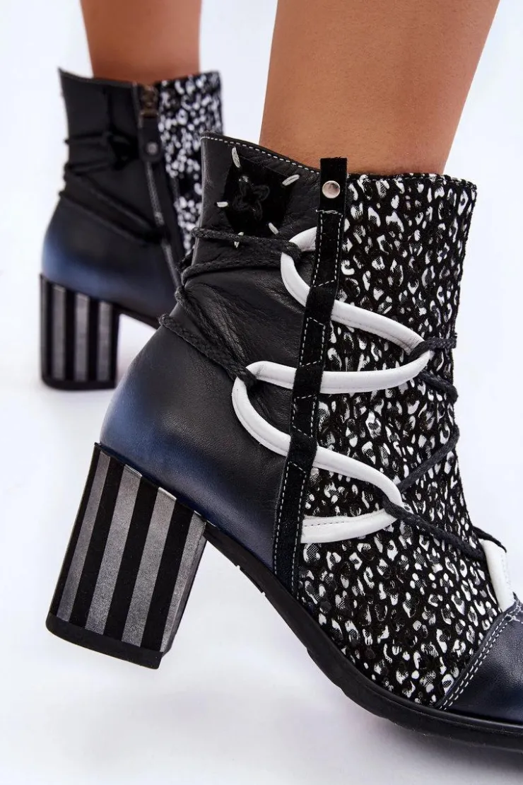 Maciejka Botki Wiosenne|Botki Na Słupku*Damskie Skórzane Botki Na Obcasie 05605-01 Czarno-Białe