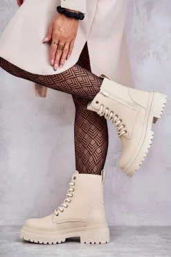 Online Evento Damskie Skórzane Botki Ocieplane Jasnobeżowe Dorchen Beżowy