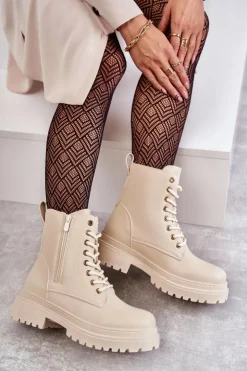 Online Evento Damskie Skórzane Botki Ocieplane Jasnobeżowe Dorchen Beżowy