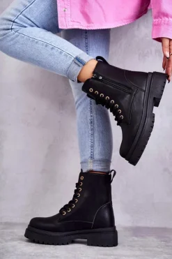 Damskie Evento Damskie Skórzane Botki Ocieplane Czarne Dorchen