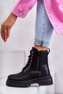 Damskie Evento Damskie Skórzane Botki Ocieplane Czarne Dorchen