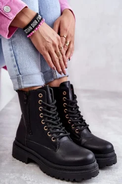 Damskie Evento Damskie Skórzane Botki Ocieplane Czarne Dorchen