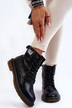 GOE Botki Sznurowane|Czarne Botki*Damskie Skórzane Botki Ocieplane II2N4053 Czarne