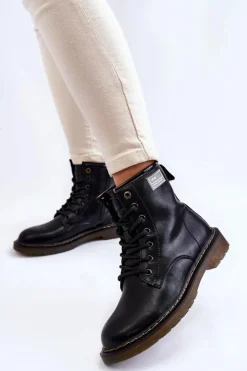 GOE Botki Sznurowane|Czarne Botki*Damskie Skórzane Botki Ocieplane II2N4053 Czarne