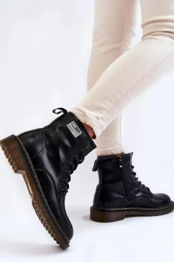 GOE Botki Sznurowane|Czarne Botki*Damskie Skórzane Botki Ocieplane II2N4053 Czarne