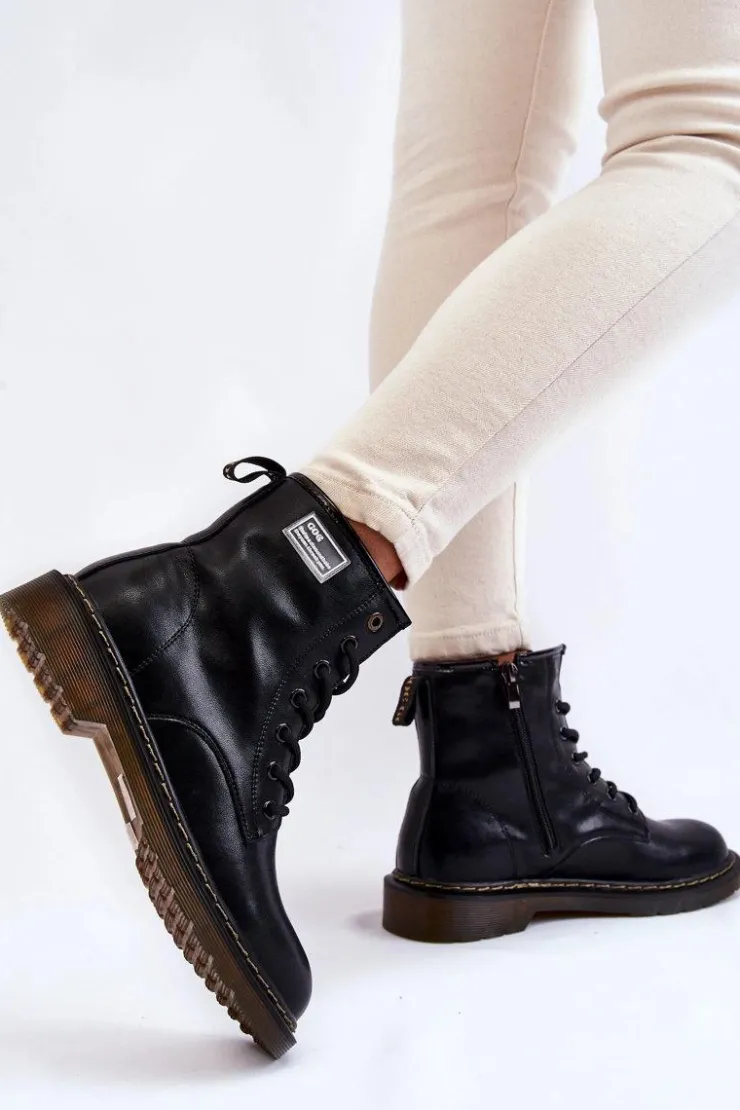 GOE Botki Sznurowane|Czarne Botki*Damskie Skórzane Botki Ocieplane II2N4053 Czarne