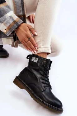 GOE Botki Sznurowane|Czarne Botki*Damskie Skórzane Botki Ocieplane II2N4053 Czarne