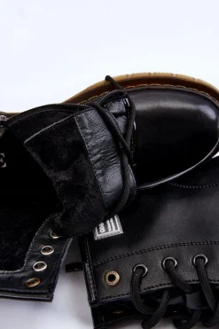 GOE Botki Sznurowane|Czarne Botki*Damskie Skórzane Botki Ocieplane II2N4053 Czarne