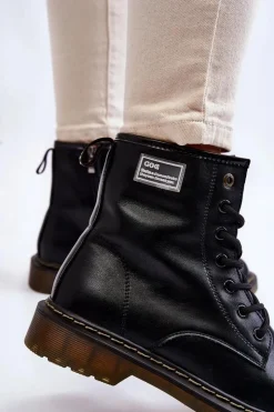 GOE Botki Sznurowane|Czarne Botki*Damskie Skórzane Botki Ocieplane II2N4053 Czarne