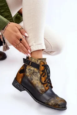 Damskie Maciejka Damskie Skórzane Botki Trzewiki 05077-07 Żółto-Czarne