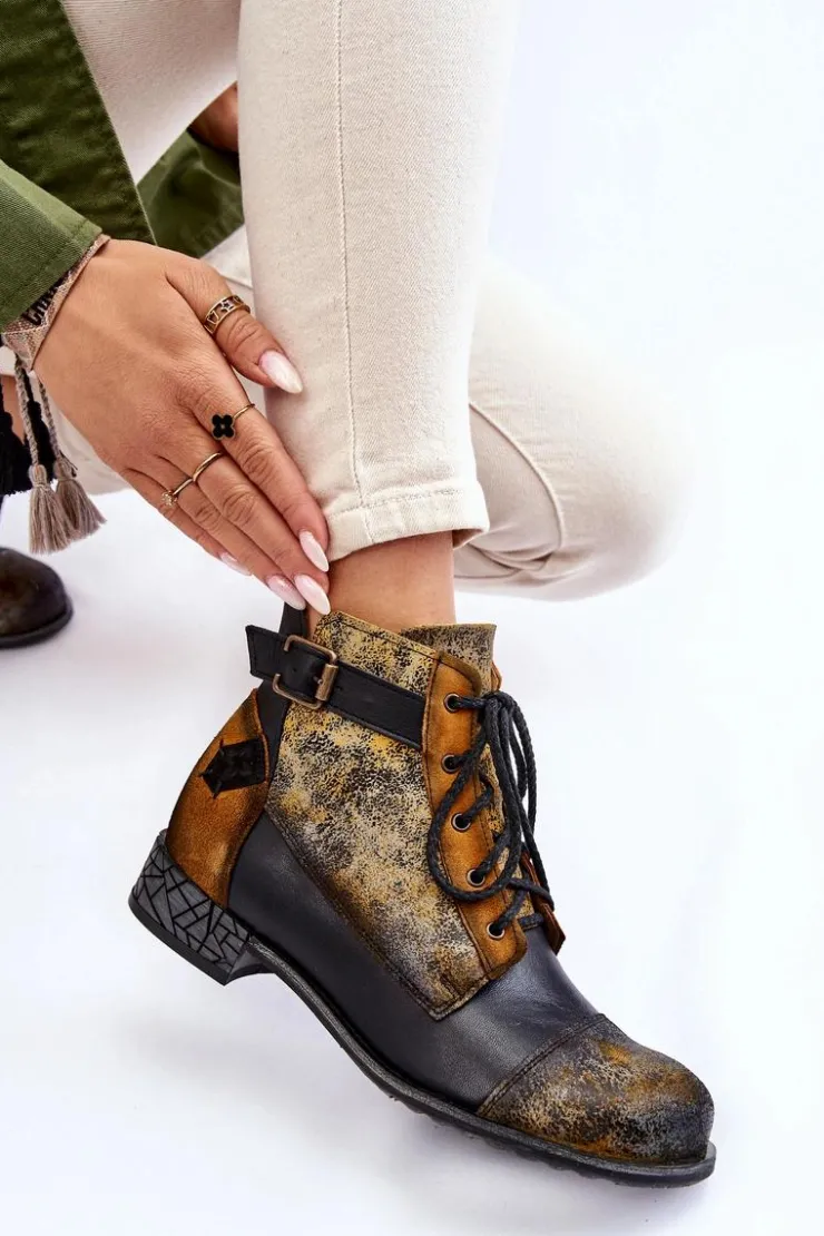 Damskie Maciejka Damskie Skórzane Botki Trzewiki 05077-07 Żółto-Czarne