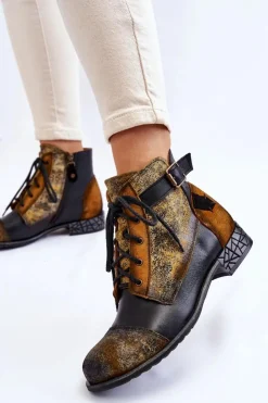 Damskie Maciejka Damskie Skórzane Botki Trzewiki 05077-07 Żółto-Czarne