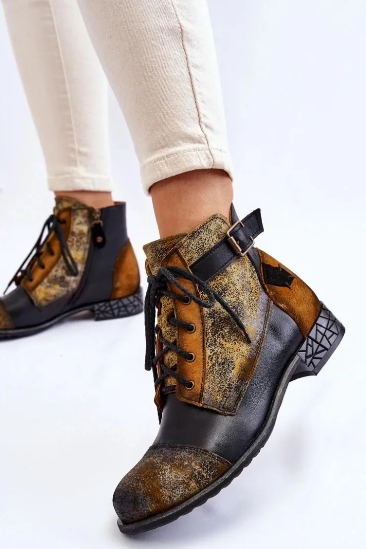 Damskie Maciejka Damskie Skórzane Botki Trzewiki 05077-07 Żółto-Czarne