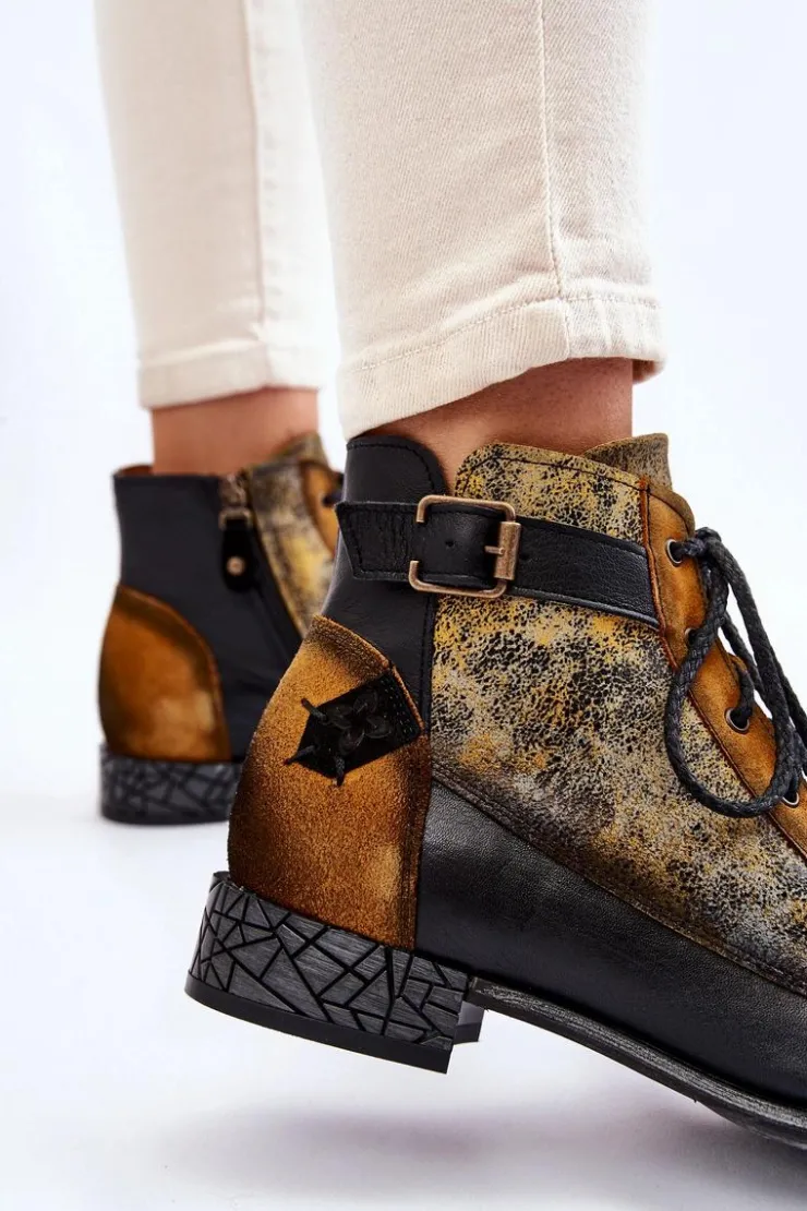 Damskie Maciejka Damskie Skórzane Botki Trzewiki 05077-07 Żółto-Czarne