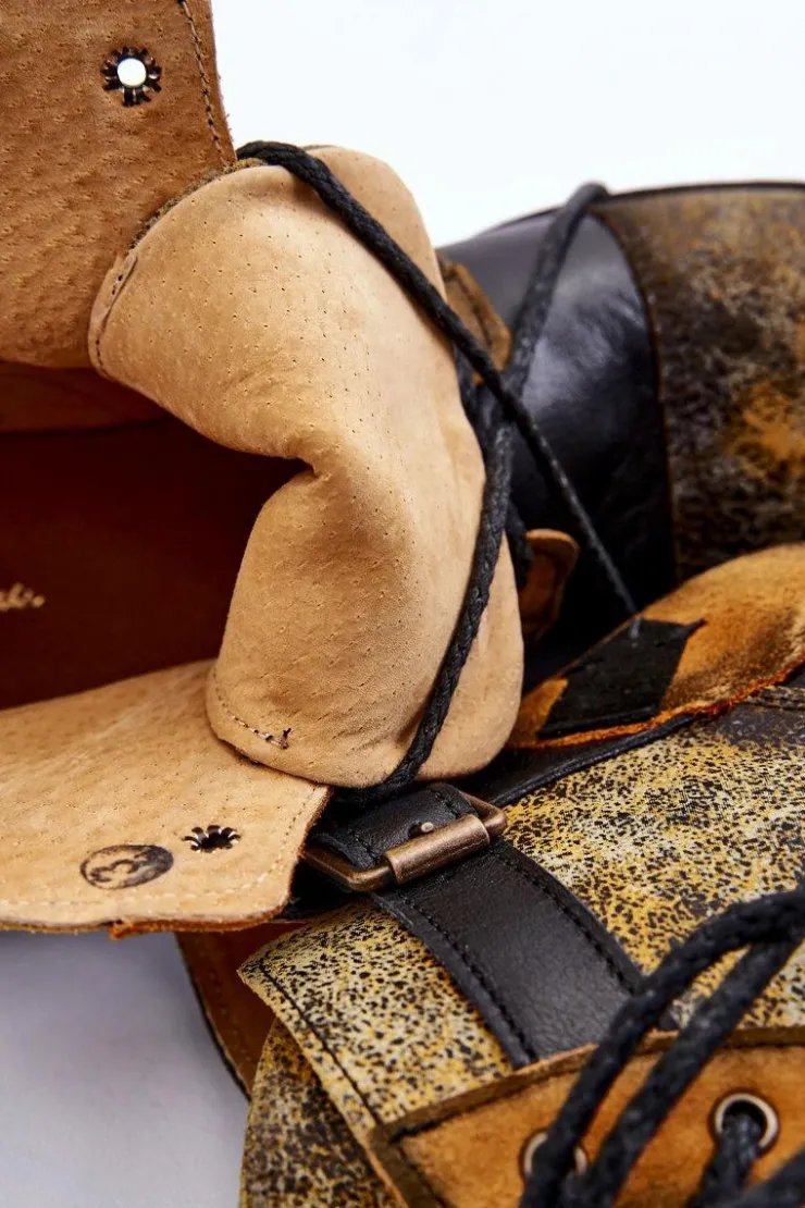 Damskie Maciejka Damskie Skórzane Botki Trzewiki 05077-07 Żółto-Czarne