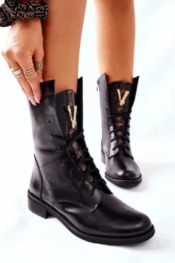 Damskie Boto Damskie Skórzane Botki Trzewiki Nicole Czarne 2581/001