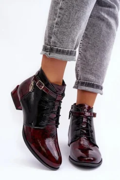 Damskie Maciejka Damskie Skórzane Botki Trzewiki 5743A-23 Bordowe