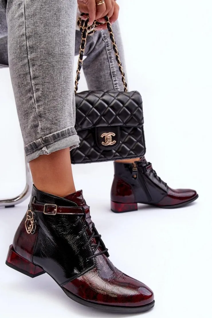 Damskie Maciejka Damskie Skórzane Botki Trzewiki 5743A-23 Bordowe