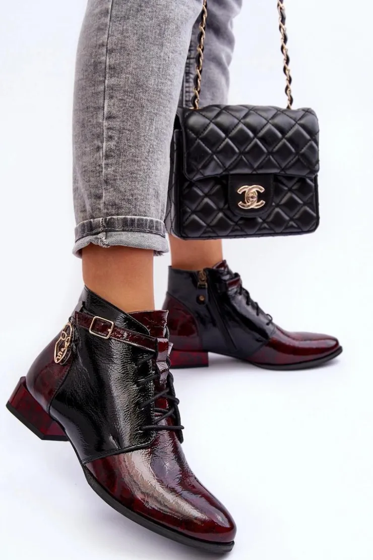 Damskie Maciejka Damskie Skórzane Botki Trzewiki 5743A-23 Bordowe