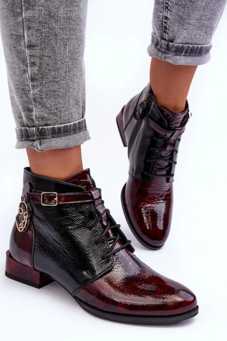 Damskie Maciejka Damskie Skórzane Botki Trzewiki 5743A-23 Bordowe