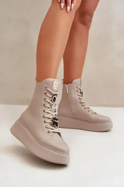 CheBello Damskie Trapery|Botki Skórzane*Damskie Skórzane Botki Workery Z Przypinkami Beżowe 4294