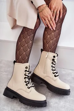 Damskie Evento Damskie Skórzane Botki Workery Jasnobeżowe Denila