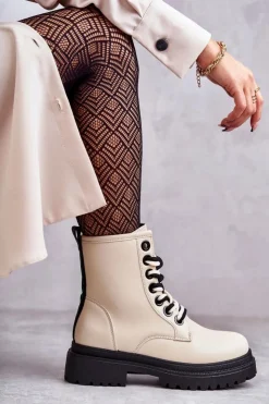 Damskie Evento Damskie Skórzane Botki Workery Jasnobeżowe Denila