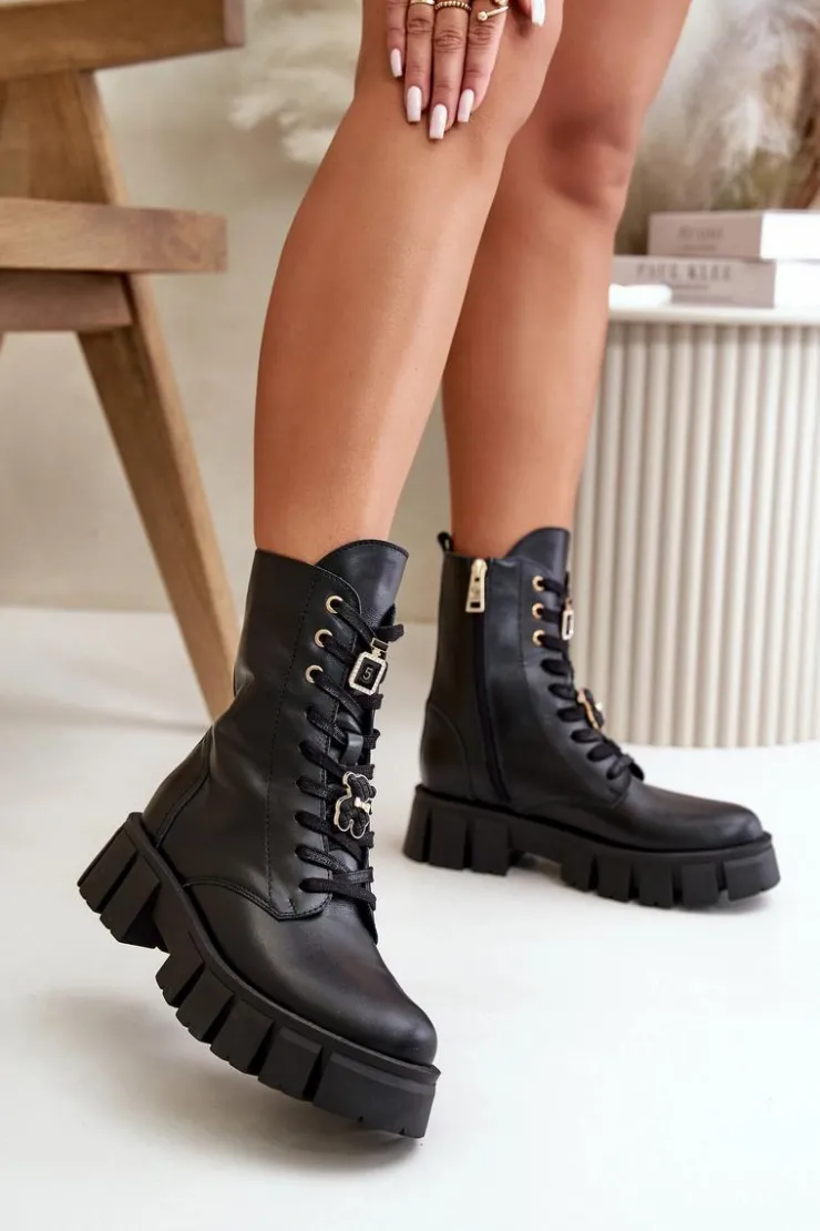 Damskie CheBello Damskie Skórzane Botki Workery Z Przypinkami 4247 Czarne